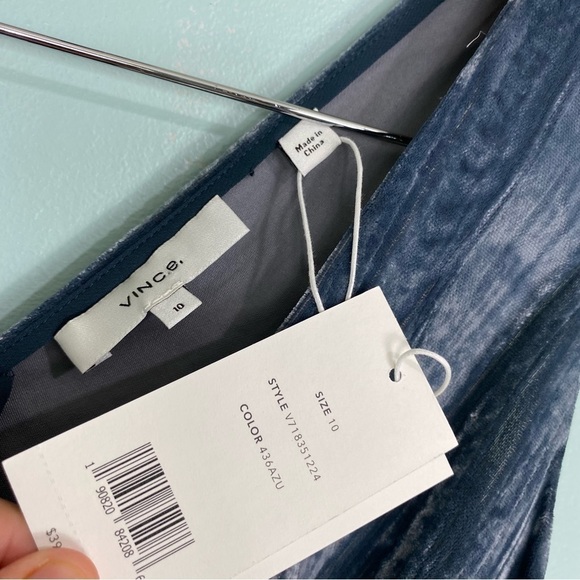 Vince Ruched Panel V Neck Pleated Velvet Dress Blue Sz 10 Midi‎ Sleeveless - Picture 3 of 5